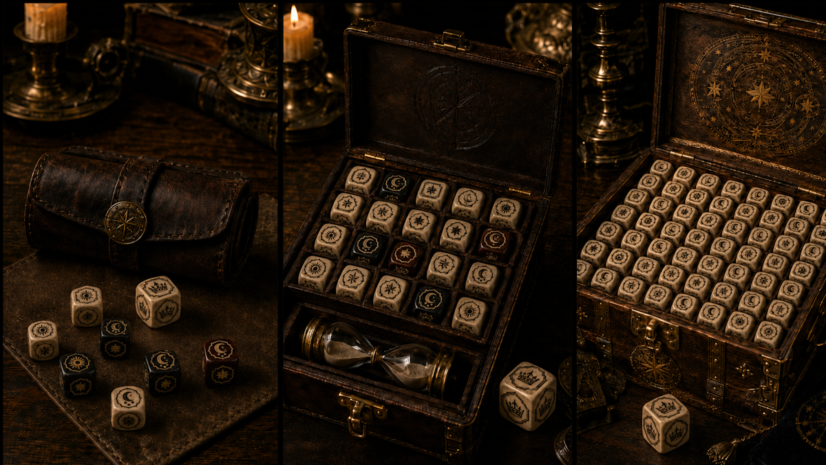 Three commission set styles: a compact scholar’s roll, a noble table case, and a ceremonial chest.